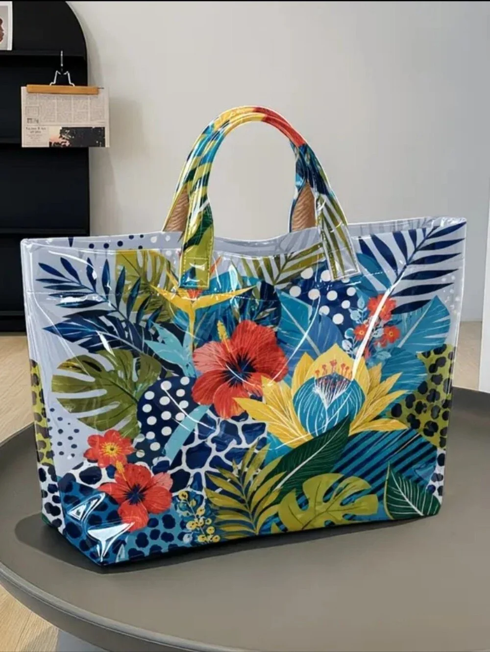 Women Exotic Tropical Hibiscus Palm Leaf Print PVC Daily Hand Tote Bag